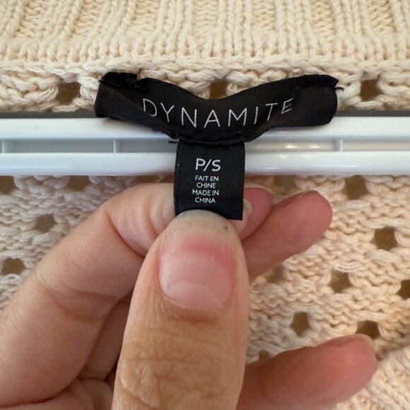 Dynamite P/S Open-Knit V-Neck Cropped Sweater Beige 100% Cotton Long Sleeve - Picture 4 of 9